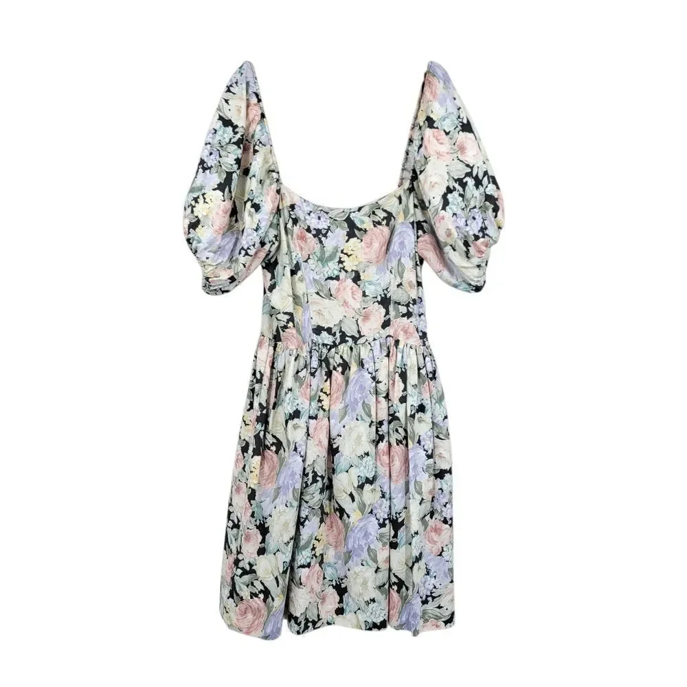 Impromptu 80s Vintage Floral Prom Puff Sleeve Dress Fitted Bodice
